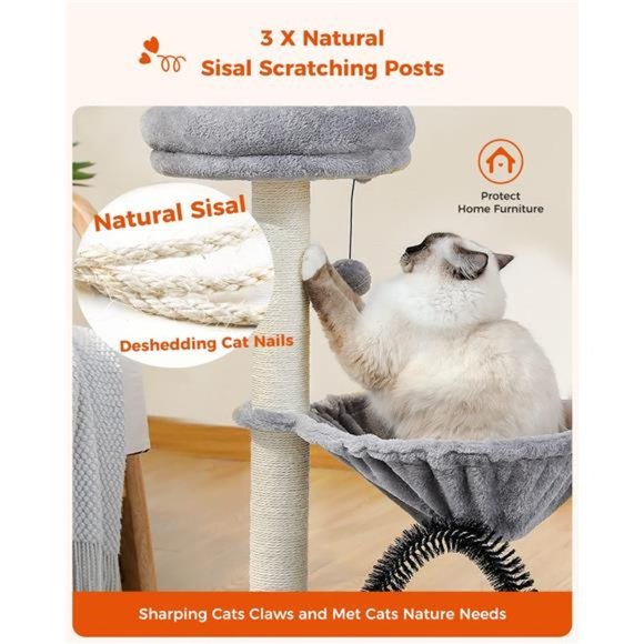 Small Cat Tree 28" Cat Tower with Metal Plush Hammock & Dangling Ball, Grey - Picture 4 of 6